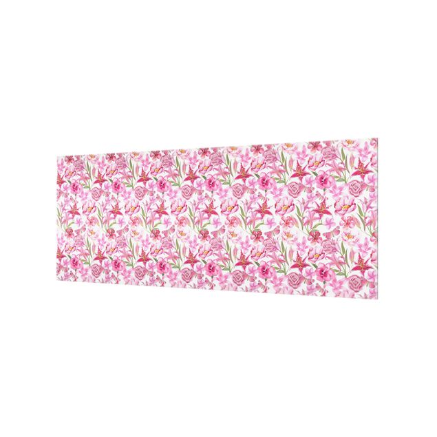 Splashback - Pink Flowers With Butterflies - Panorama 5:2