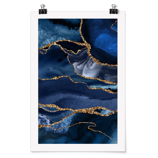 Poster - Golden Glitter Waves Blue Backdrop