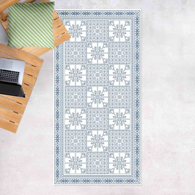 balcony mat Floral Tile Pattern Bluish Grey With Border