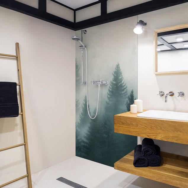 Shower wall panels Coniferous Forest In Fog