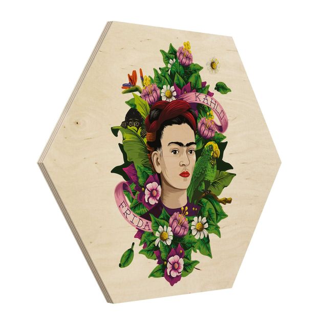 Wooden hexagon - Frida Kahlo - Frida, Monkey And Parrot