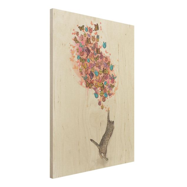 Print on wood - Illustration Cat With Colourful Butterflies Painting