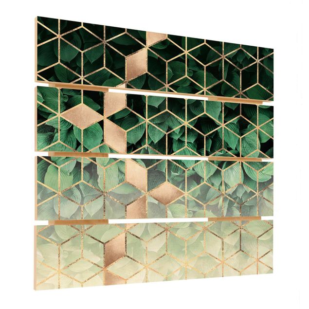 Print on wood - Green Leaves Golden Geometry