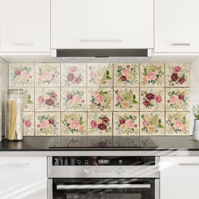 Glass splashback kitchen tiles Vintage Roses And Hydrangeas