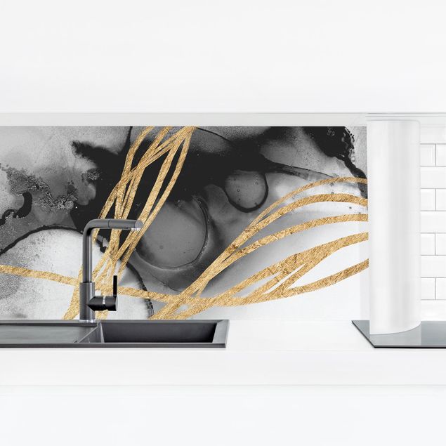 Kitchen wall cladding - Black Ink With Golden Lines II