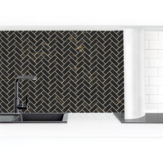 Kitchen wall cladding - Marble Fish Bone Tiles - Black And Golden