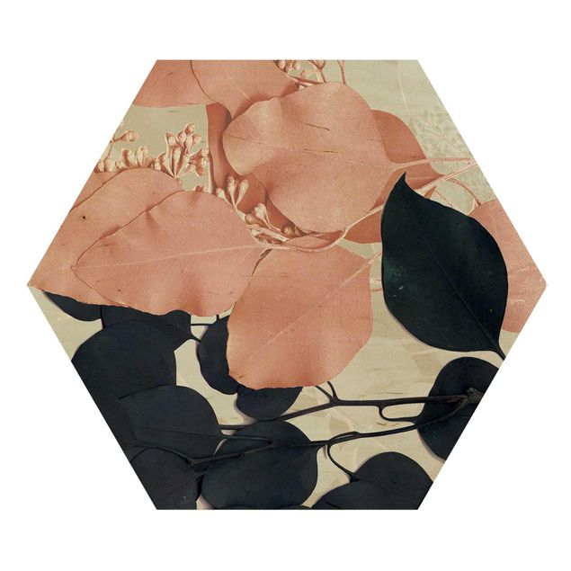 Wooden hexagon - Leaves Indigo & Rouge I