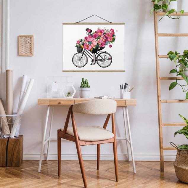 Fabric print with poster hangers - Illustration Woman On Bicycle Collage Colourful Flowers