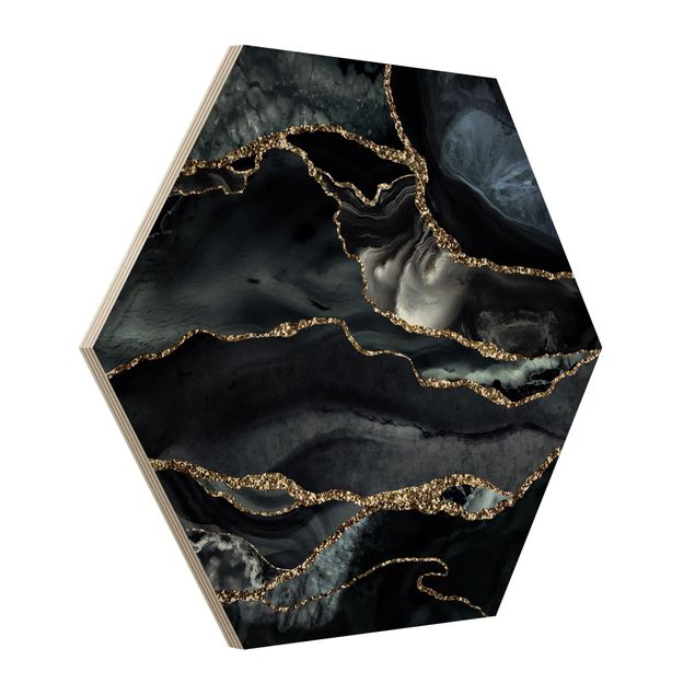 Hexagon Picture Wood - Black With Glitter Gold