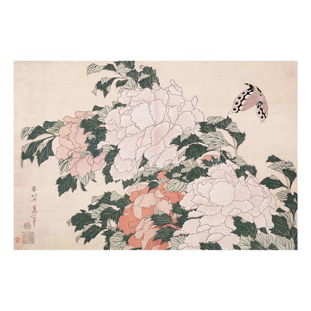 Glass splashback kitchen Katsushika Hokusai - Pink Peonies With Butterfly
