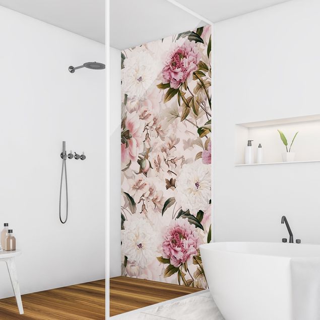 Shower wall cladding - Illustrated Peonies In Light Pink