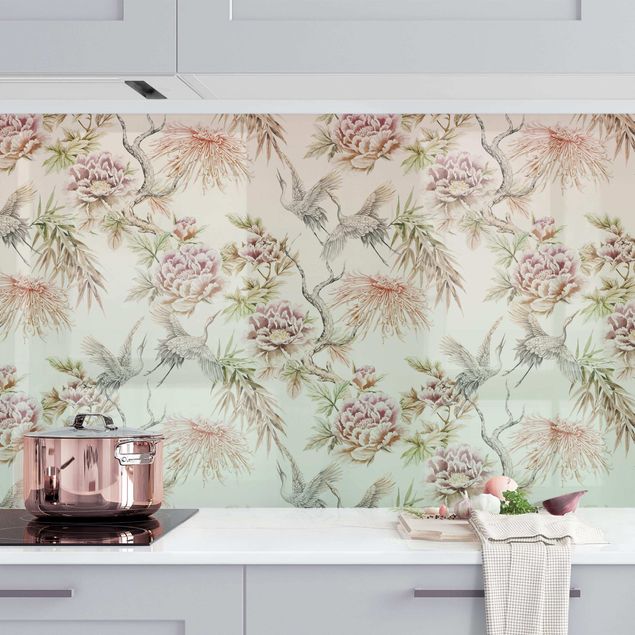 Splashback patterns Watercolour Birds With Large Flowers In Ombre II