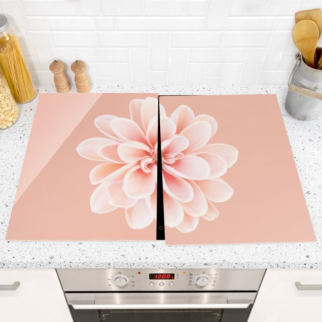 Glass stove top cover - Dahlia Pink Pastel White Centered