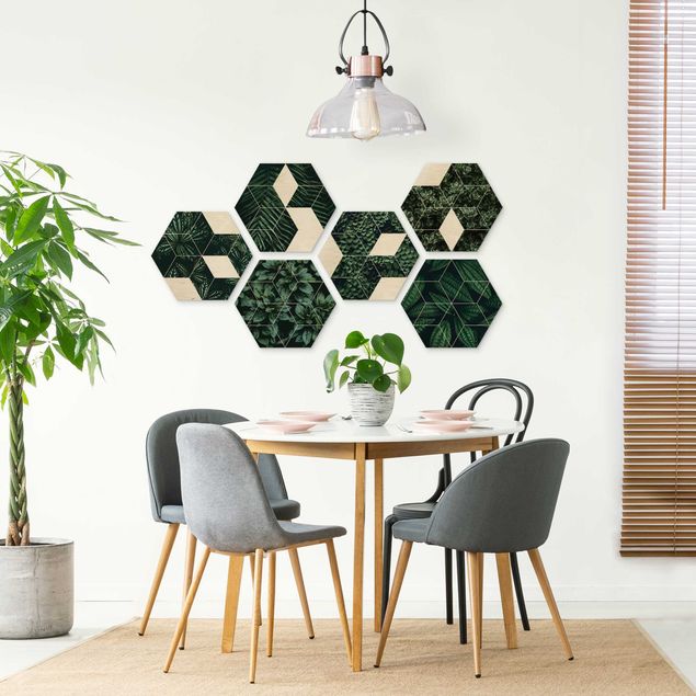 Wooden hexagon - Green Leaves Geometry Set II