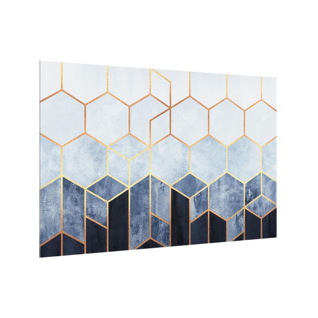 Glass splashback abstract Golden Hexagons Blue White