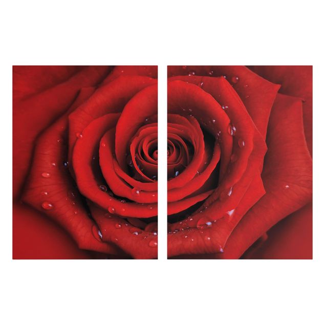 Print on canvas 2 parts - Red Rose With Water Drops
