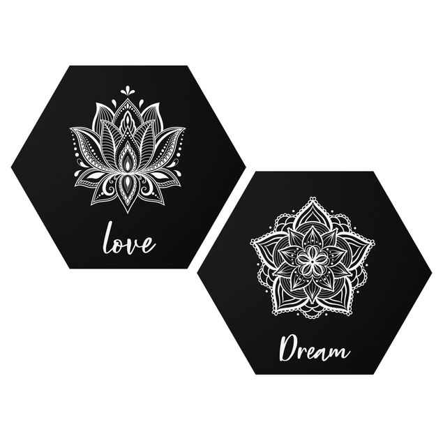Alu-Dibond hexagon - Mandala Dream Love Set Black