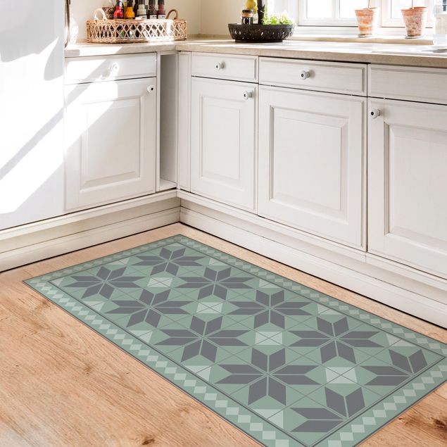 Runner rugs Geometrical Tiles Star Flower Mint Green Shade With Narrow Border