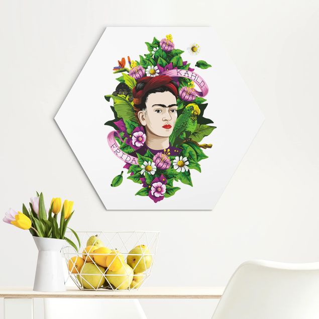 Alu-Dibond hexagon - Frida Kahlo - Frida, Monkey And Parrot