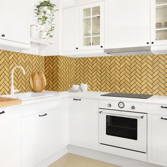 Kitchen wall cladding - Fish Bone Tiles - Golden Look Black Joints
