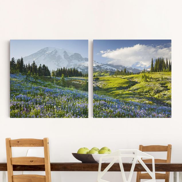 Print on canvas 2 parts - Mountain Meadow With Flowers In Front Of Mt. Rainier