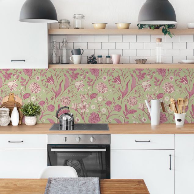 Kitchen wall cladding - Flower Dance In Mint Green And Pink Pastel