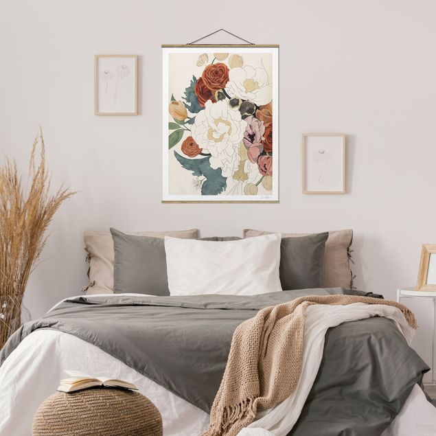 Fabric print with poster hangers - Drawing Bouquet Of Flowers In Red And Sepia