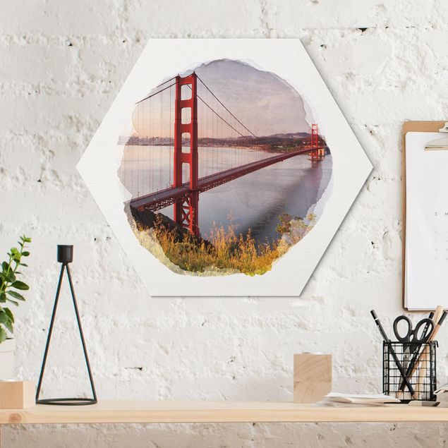 Alu-Dibond hexagon - WaterColours - Golden Gate Bridge In San Francisco