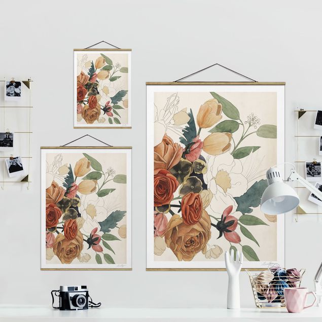 Fabric print with poster hangers - Drawing Flower Bouquet In Red And Sepia II