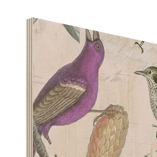 Print on wood - Vintage Collage - Nostalgic Birds