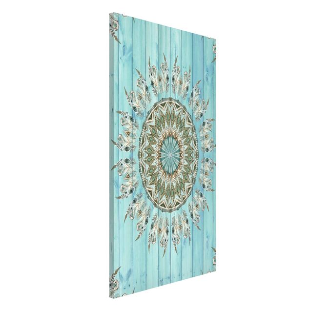 Magnetic memo board - Mandala Watercolour Feathers Blue Green Wooden Boards