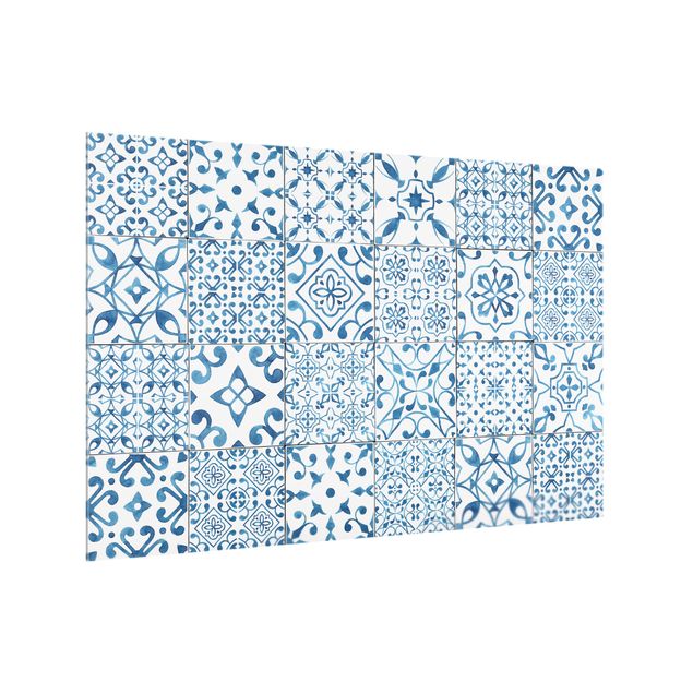 Glass splashback kitchen Patterned Tiles Blue White