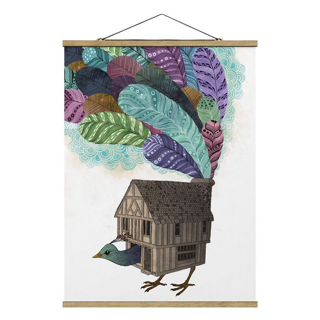 Fabric print with poster hangers - Illustration Birdhouse With Feathers