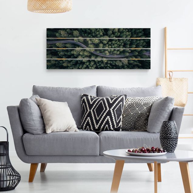 Print on wood - Aerial View - Forest Road From The Top