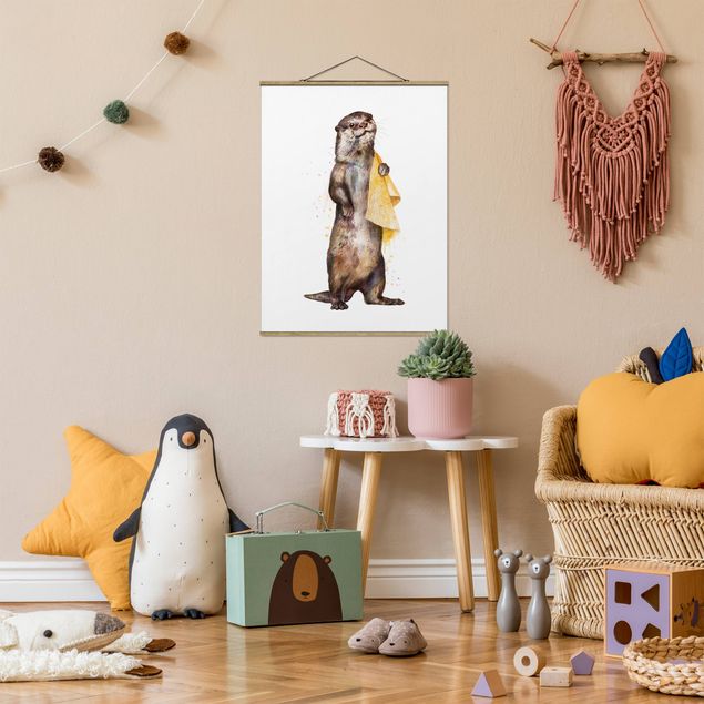 Fabric print with poster hangers - Illustration Otter With Towel Painting White