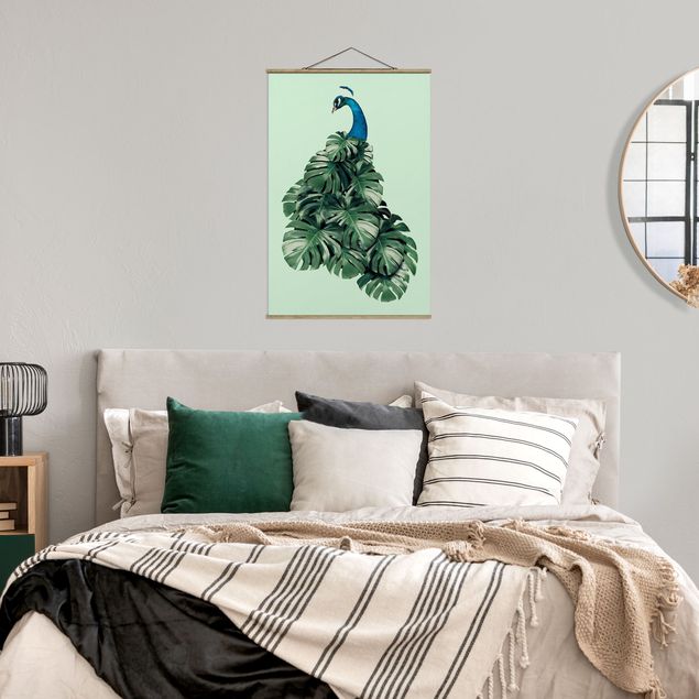 Fabric print with poster hangers - Peacock With Monstera Leaves