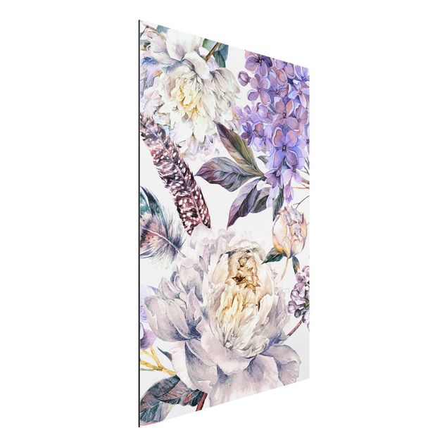 Dibond Delicate Watercolour Boho Flowers And Feathers Pattern