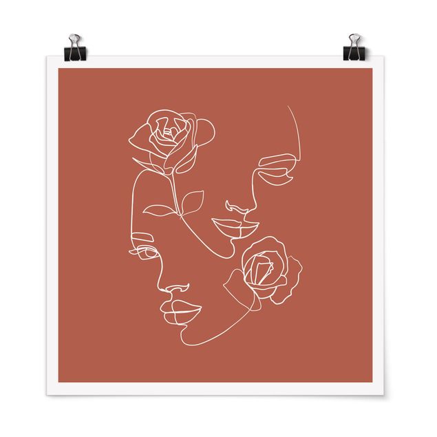 Poster - Line Art Faces Women Roses Copper