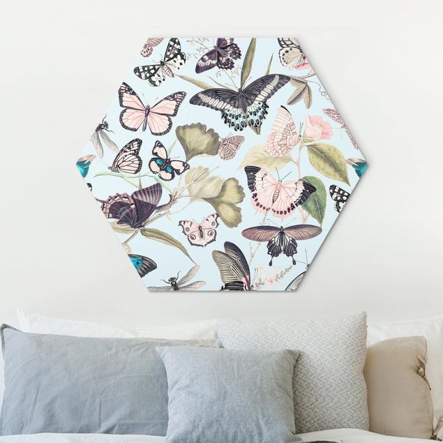 Alu-Dibond hexagon - Vintage Collage - Butterflies And Dragonflies