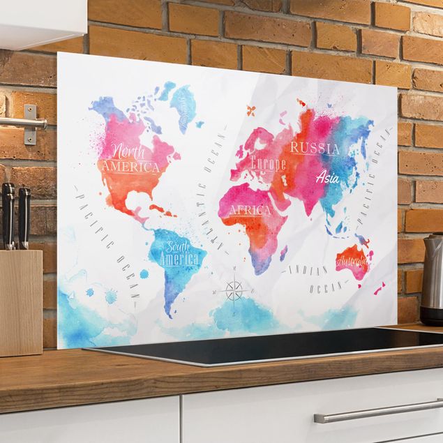 Glass splashback kitchen World Map Watercolour Red Blue