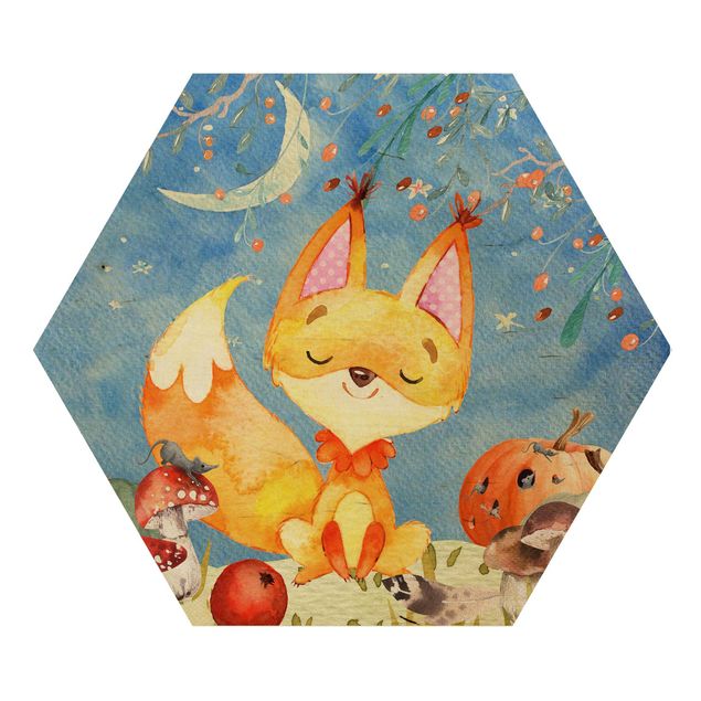 Hexagon Picture Wood - Watercolor Fox In Autumn