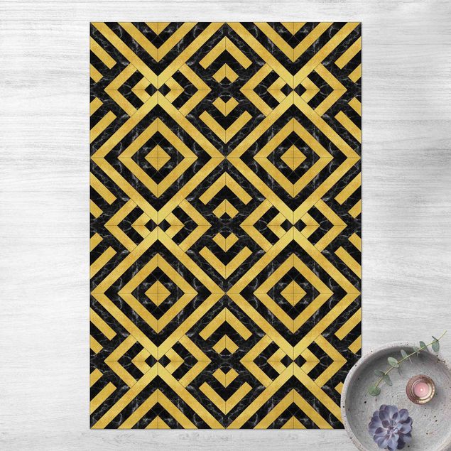 outdoor balcony rug Geometrical Tile Mix Art Deco Gold Black Marble