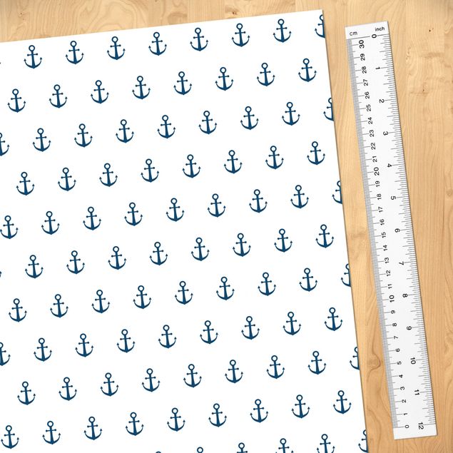 Adhesive film for furniture - Maritime Anchor Monogram Pattern In Blue On White