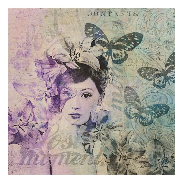 Print on wood - Shabby Chic Collage - Portrait With Butterflies