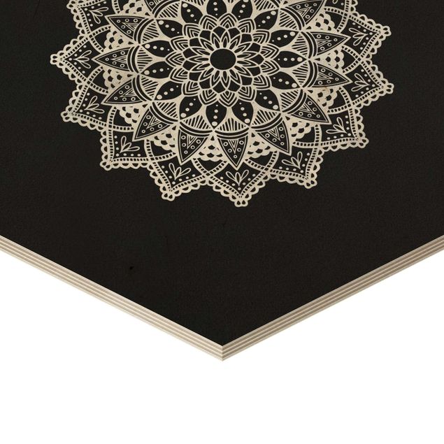 Wooden hexagon - Mandala Hamsa Hand Lotus Set On Black