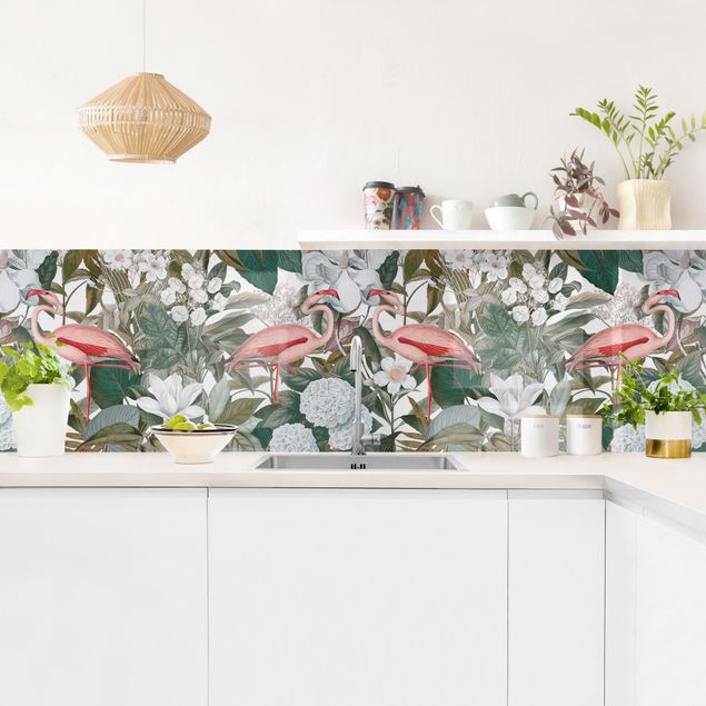 Kitchen splashback animals Pink Flamingos With Leaves And White Flowers