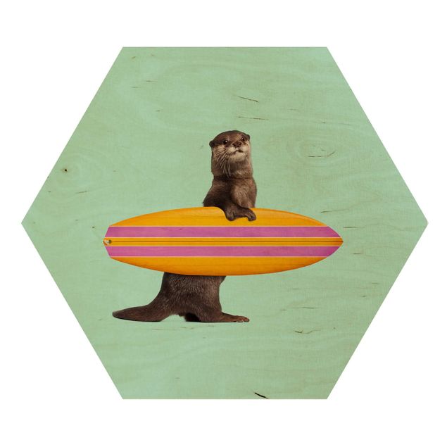 Wooden hexagon - Otter With Surfboard