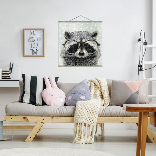 Fabric print with poster hangers - Animals With Glasses - Raccoon