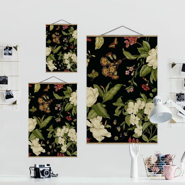 Fabric print with poster hangers - Garden Flowers On Black I