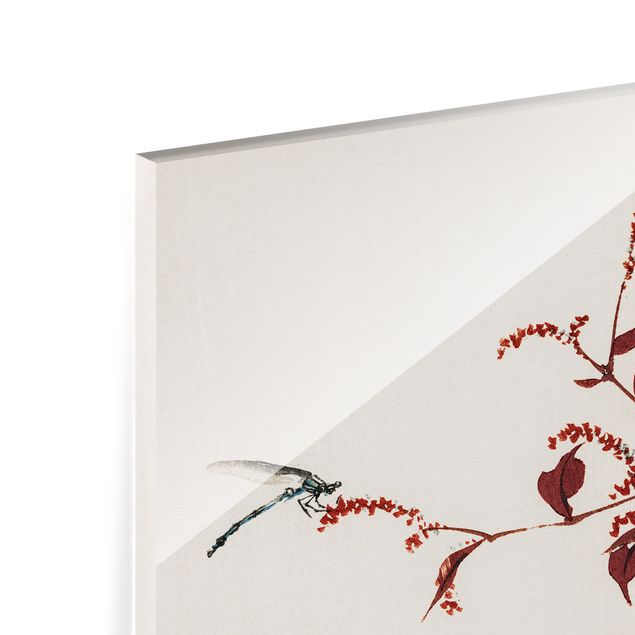 Glass Splashback - Asian Vintage Drawing Red Branch With Dragonfly - Landscape 3:4